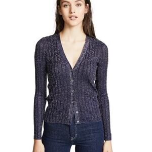 Veronica Beard Toll Ribbed Metallic Cardigan Navy Knit Classic Sweater Med $325
